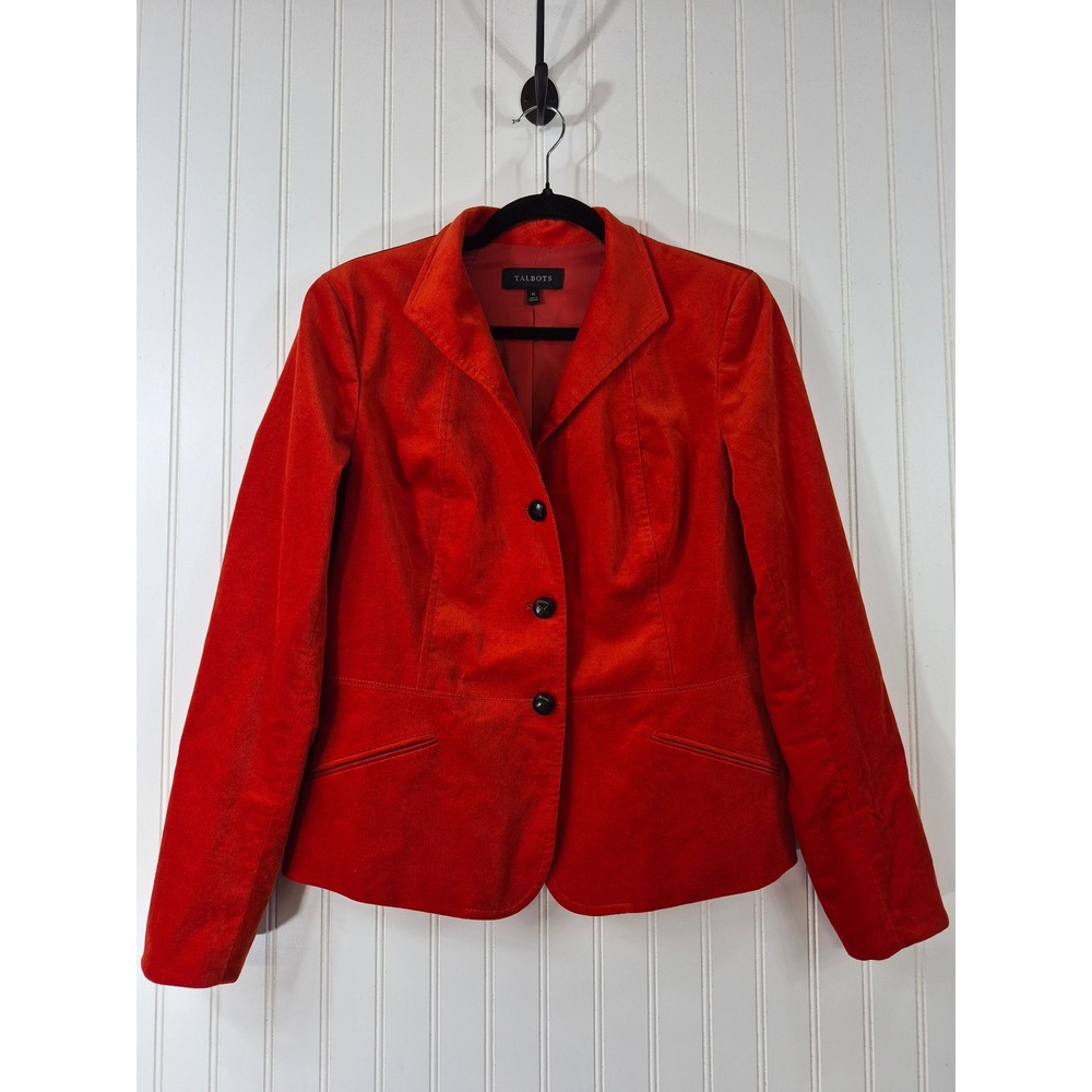 Talbots Womens Red Orange Velvet Peplum Blazer Jacket Size 10 Cotton Stretch